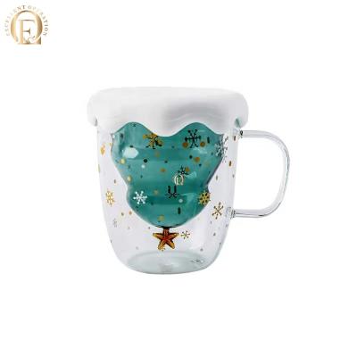 China Glass mugs from E.O. 300ML Hot Selling Christmas Creative Sustainable Solid Green Tree Double Wall With Lid For Coffee for sale