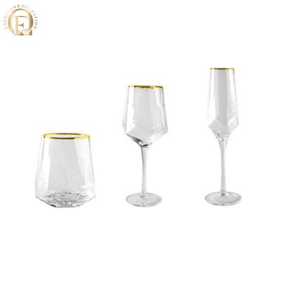 China Best Viable Selling Gold Rim Grain Champagne Glass Red Wine Goblet Whiskey Cold Glass Tumbler For Wedding Party for sale