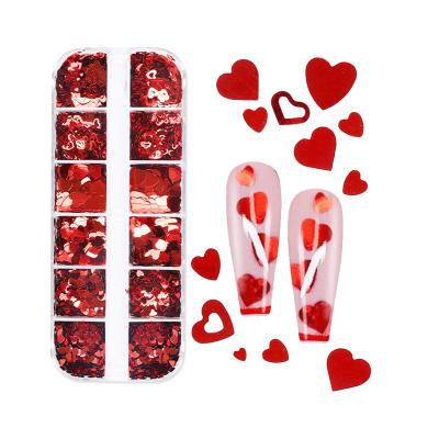 China Plastic 12 Grids Mixed Valentine's Day Nail Art Sequins Shiny Red Love Heart Glitter Flakes Nail Supplies For Professionals Accessories for sale