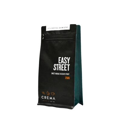 China Recyclable 250g e-slot custom printed flat bottom bag easy street coffee packaging ziplock bags with valve for sale