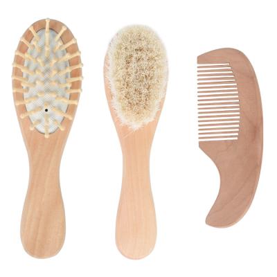 China Small Kids Hair Brush Mini Goat Hair Paddle Waterproof Natural Eco-Friendly Wooden Baby Soft Brush and Comb Set for sale