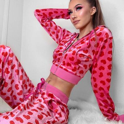 China Vintage Fashion QUICK DRY Heart Printed Hoodies Women Pink Zipper Up Cropped Sweatshirt Autumn Winter Jacket Basic 2021 2 Piece Set Women for sale