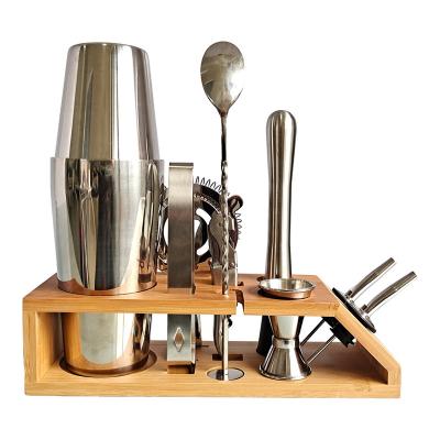 China Professional Bartender Choice Factory Directly 10 Pcs Cocktail Shaker Set Stainless Steel With Stand Elegant Bamboo Bartender Kit Profession Boston Shaker Kit for sale