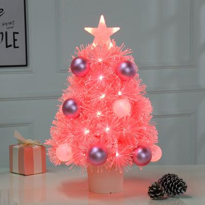 China 2021 Mini Snowing Fiber Optic Tabletop Blue Pink Christmas Tree For Xmas Table Decoration for sale