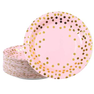 China Custom Rose Gold Eco Friendly Dot Print Elegant Tabeleware Dinner Plates Party Disposable Paper Cup For Wedding for sale