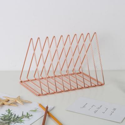 China Workable Top Decorative Organizer Office Book Student Desk Triangle Metal Bookends Desktop Magazine Folder Holder Stand for sale