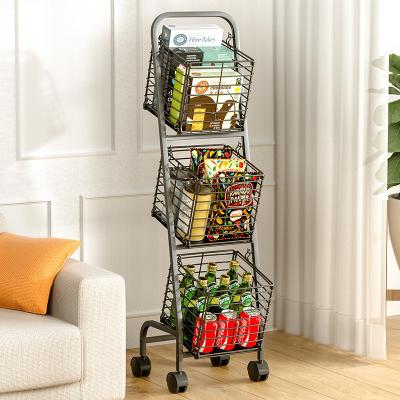 China Sustainable 3 Tier Market Basket Storage Rack Kitchen Metal Wire Fruit and Vegetable Storage Basket Food Storage Chart with 4 Wheels for sale