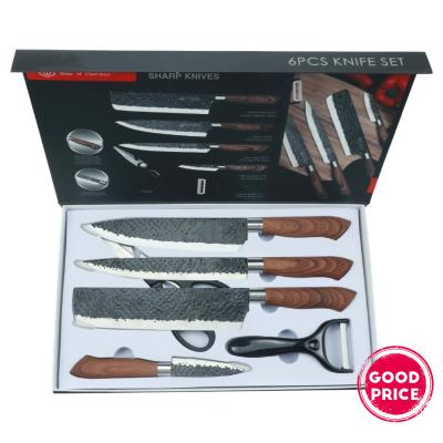 China Stocked Professional Cheap Price 6pcs Hammer Pattern Japanese Relief Forged 6 Piece Chef Knives Stainless Steel Kitchen Knife Set for sale