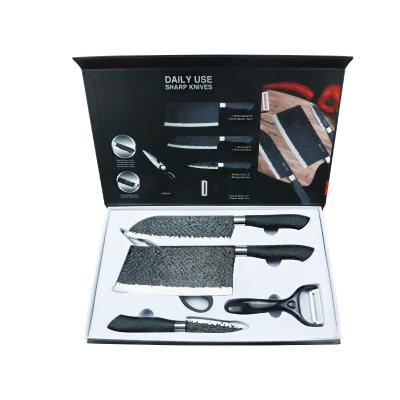 China Hammer Stocked 5 Piece Gift Set Forged Stainless Steel Kitchen Knife Set Embossed Chef's Knife for sale