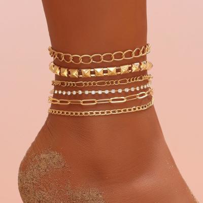 China Factory TRENDY stock 6 pieces anklets set various designs of alloy chains with rhinestone inserted fashionable foot accessories for sale