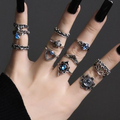 China Wholesale 13 Pcs Punk Ring Set Cut Out Crown Moon Heart Gemstone Rings Antique Black Silver Ring Sets for sale