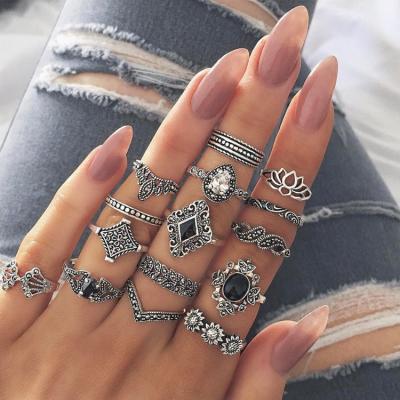 China Factory Stock 15 Pcs Punk Ring Set Lotus Diamond Inlaid Crown Water Drop Hollow Oil Retro Knuckle Ring Set for sale