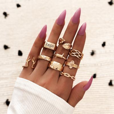 China Women Customized 9 Pieces Gold Plated Rings Set Geometric Antler Mesh Thorn Leaf Shaped Rings Ring Creative Trendy Jewelry For Women for sale