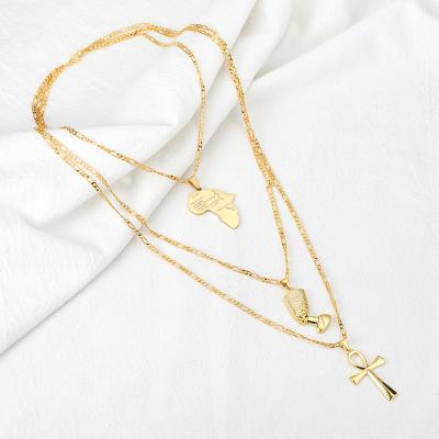 China Fashion Factory Running Multilayer Pendant Necklace With Map Head Cross Pendants Ethnic Style Necklace Gold/Silver Plated Jewelry for sale