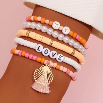 China BOHEMIA Factory Stock Beaded Bracelet Sets With Love Heart Letter Tassel Shell Accessories Boho Beads Bracelets 5pcs Fancy Gifts for sale