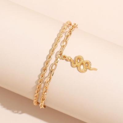 China Hot 2022 New Design Summer Gold Double Layer Snake Charm Anklet Bracelet Rope Chain Foot Jewelry For Women Girls for sale