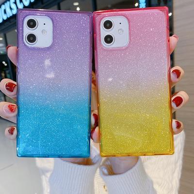 China Shockproof Soft TPU Square Phone Case for iPhone 14 Pro Max Case Graduate Color Cover Square Cases with Glitter Paper for sale