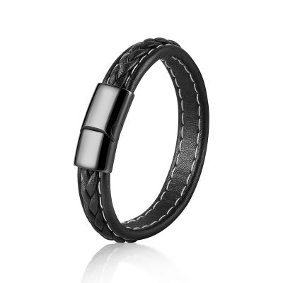 China 2021 Fashion Wholesale Fast Shipping Fashion Unisex Genuine Leather Magnetic Bracelet Father Gift Chain Stainless Steel Clasps for sale