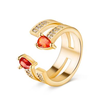 China Vintage Fashion Jewelry H 2022 Shaped Ring Women Gold Ring Lots Of Diamonds Opening Ring With Red Zircon for sale