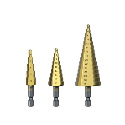 China Nonferrous Metal 4-12/20/32mm Spiral Flute Nitride Triangular Spline Handle Step Drill Bit for Sheet Metal Drilling for sale