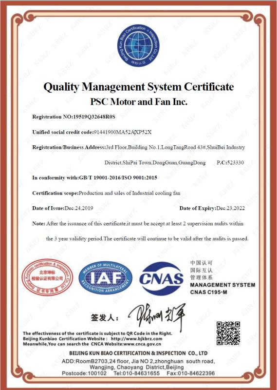 ISO 9001 Quality Management System Certificate - PSC Motor and Fan, Inc.