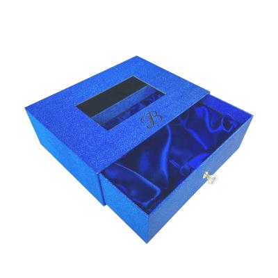 China Recyclable Custom Printed Blue Glitter Gift Cardboard Paper Boxes For Wig Hair Extension Packaging for sale