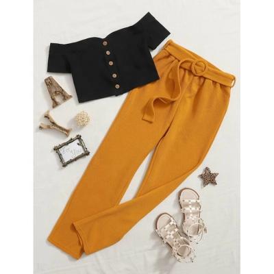 China Girls casual off-the-shoulder buttoned top and belted pants set for sale