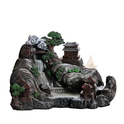 China Hot sale poly resin mountain village backflow censer waterfall incense holder with temples for sale