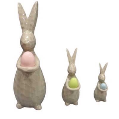 China Holiday decoration & 2021 Standing Easter Bunnies Ceramic Porcelain Rabbits Figurines Gift With Eggs for sale