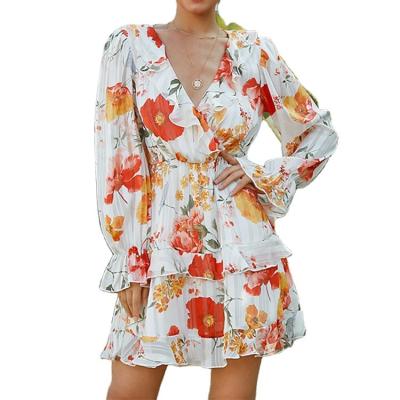 China Women Casual Dress Summer Anti-static Hot Selling Flower Printed Long Sleeve Doble Layer Ruffle Floral Print Dresses for sale