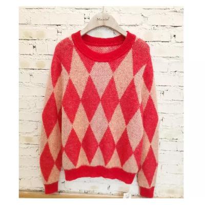 China Anti-Wrinkle Fashion Wholesale Ladies Loose Sweaters Geometric Crew Neck Length Mohair Sweater for sale