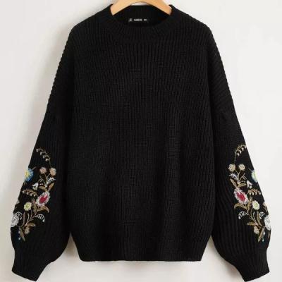 China Anti-wrinkle OEM top fashion nobleman brandVintage black floral embroidery women knitted pullover sweater nobleman brand for sale