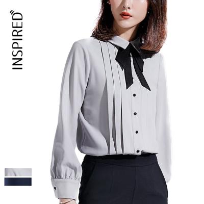 China Breathable Women's Single Breasted Pleated Bow Shirt Business Blouse for sale