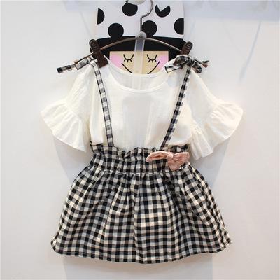 China Polyester/Cotton Girls Summer Flare Sleeve New Short Sleeve T-shirt Plaid Skirt Two Piece Set for sale