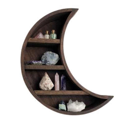 China Europe Rustic Decor Wood Mount Crystal Display Storage Moon Floating Wall Shelf for sale