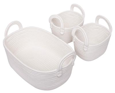 China Sustainable Woven Basket Set Of 3 - White Rope Storage Baskets For Baby Kid Toys , Soft Cotton Basket Bins For Bathroom for sale