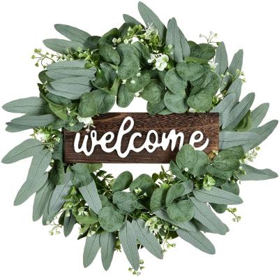 China Welcome to Europe Wreath with Wooden Sign and Eucalyptus Leaves for Front Door Window Home Decoration for sale