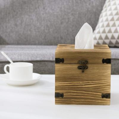 China Europe Burnt Brown Square Facial Tissue Box Holder Cover With Hinged Lid Wooden Tissue Box for sale