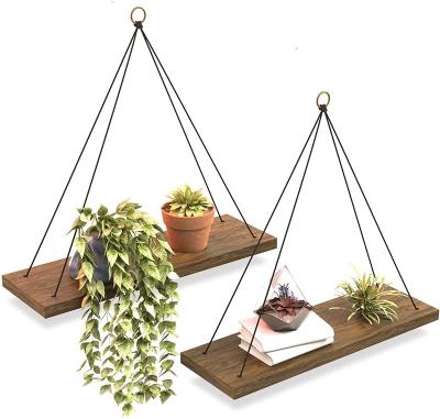 China Europe Rope Plant Shelf Rustic Wooden Farmhouse Wooden Floating Hanging Shelf for sale