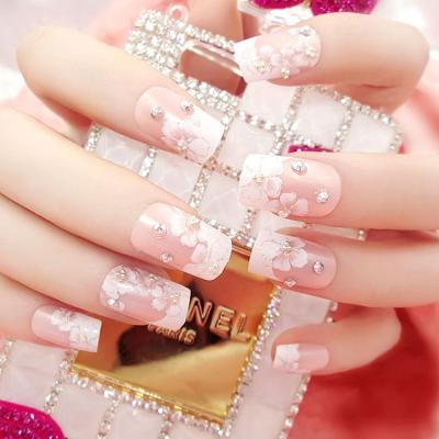 China Easy Apply B50 Artificial Fake Nail 3d Brown Cute White And Pink Flowers Fake Nail Art Pre Pasted Fake Nail Sticker for sale