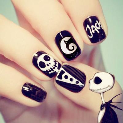 China DIY Nail Art D36 Black Fake Nail Short Square Press On Back Style White Skull Nails New Design Glue Fake Nail for sale