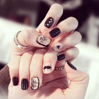 China DIY nail art D37 black false nail short square press on nails new design style fashion review croxin back glue false nail for sale