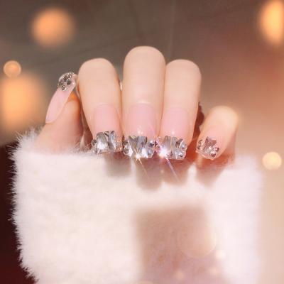 China DIY Nail Art E18 Pink Fake Nail Square Long Press On Nails New Design Glue Back Nail White Trapezoid Style Fake Diamond for sale