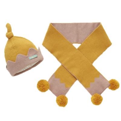 China The picture autumn and winter children's hat and scarf warm crown patchwork knit hat set baby beanie hat for sale