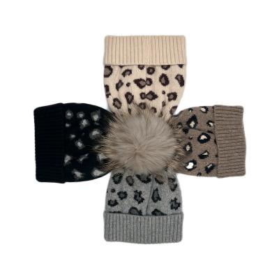 China Winter COMMON Detachable Women's Custom Leopard Pattern Raccoon Pattern Pom Pom Knit Hat for sale