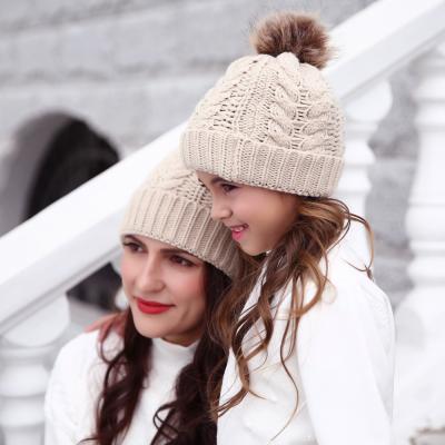 China 2021 New COMMON Winter Hat Cuff Stripe Pompom Beanie Baby Mama Hat Mum I Beanies for sale