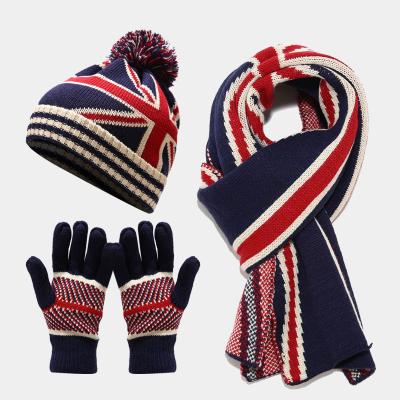 China New Mitten Flag Pom Hat Scarf Gloves Three COMMON Adult Winter Outdoor Warm Hat Sets for sale