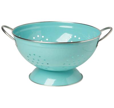 China Viable Metal Galvanized Fruit Basket Colander Kitchen Washing Round Shape With Punch Hole Enamel Metal Base Coloful Handle for sale