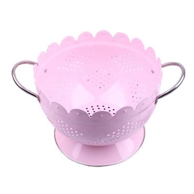 China Viable Metal Galvanized Fruit Basket Colander Kitchen Washing Round Shape With Punch Hole Enamel Metal Base Coloful Handle for sale