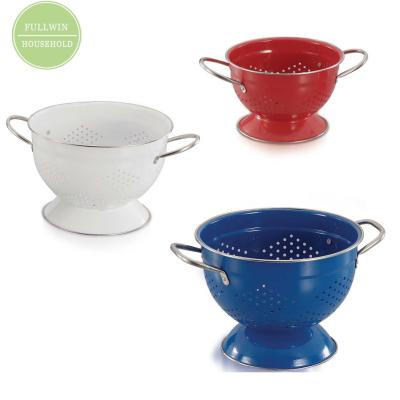 China Viable Metal Galvanized Fruit Basket Colander Kitchen Washing Round Shape With Punch Hole Enamel Metal Base Coloful Handle for sale